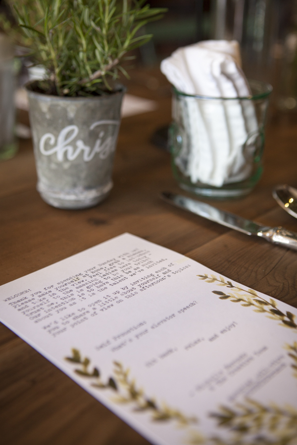 Potted herbs in zinc pots for place setting and typewriter welcome note // SOURCED. laguna beach