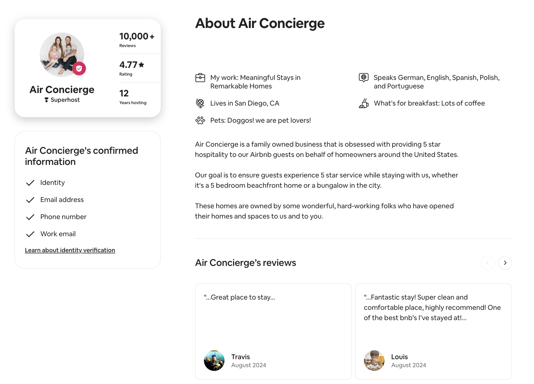 Air Concierge Superhost profile and review snapshot