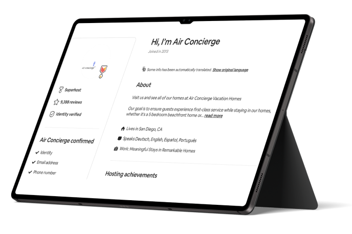 Tablet screen displaying an Airbnb host profile with hosting achievements and reviews