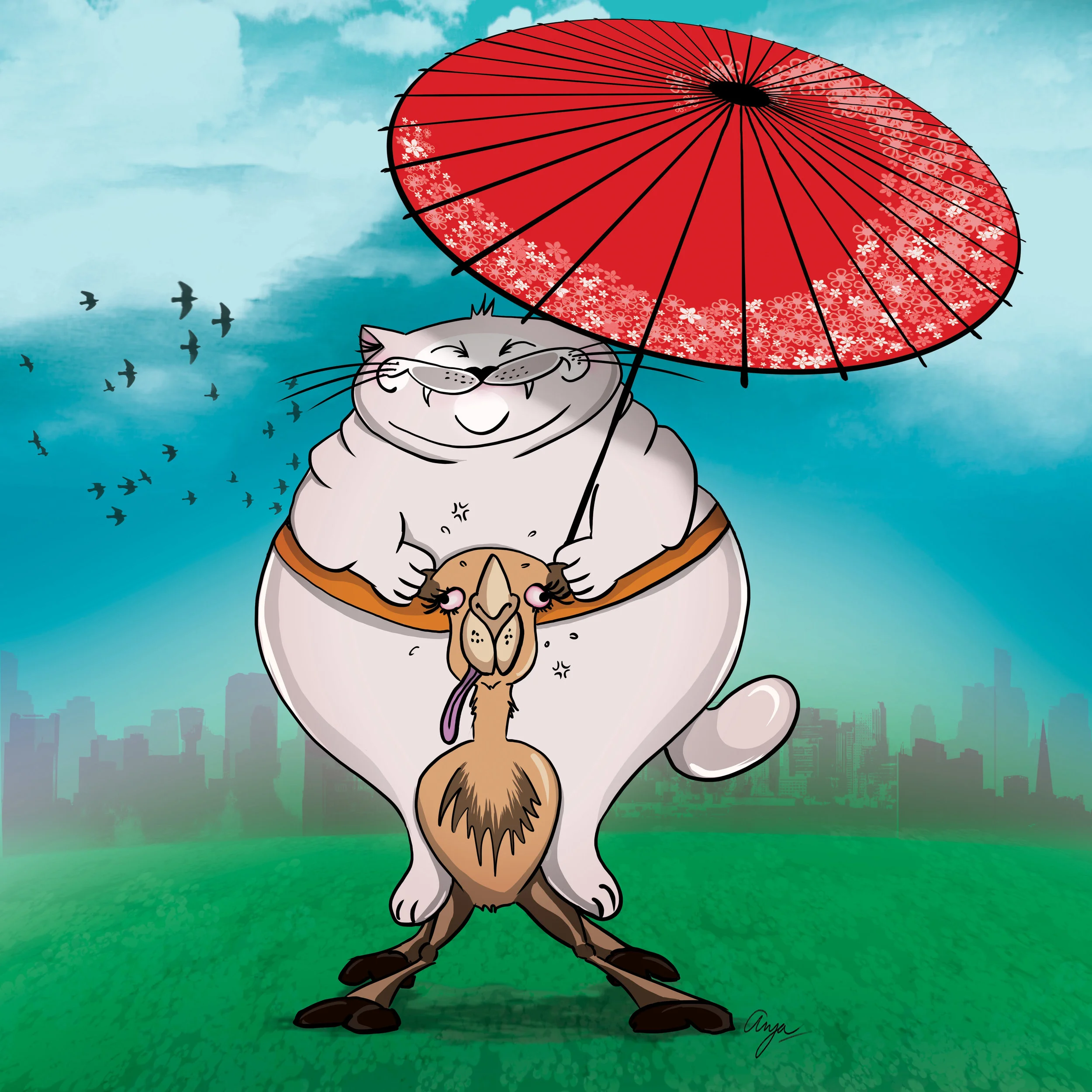Swift Gobbs, Meowhausen's buddy, travelling on a dromedary