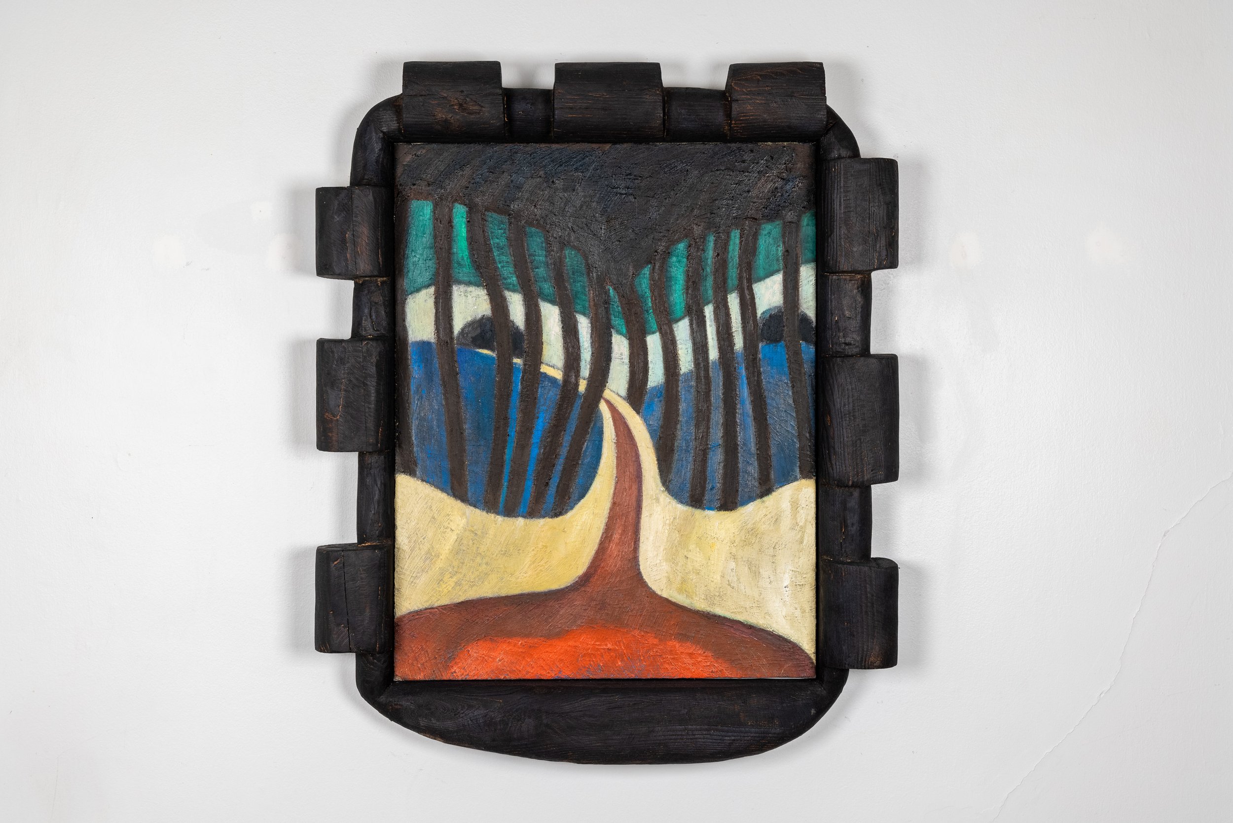   Path through trees (after Maurice Denis)   36” x 29” x 4”  Oil on canvas in charred wood frame  2021 