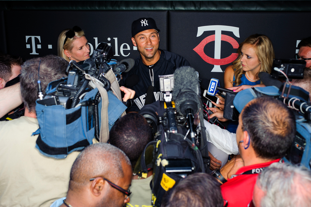  Derek Jeter #2 of the New York Yankees speaks to the media before the game against the Minnesota Twins on July 3, 2014 at Target Field in Minneapolis, Minnesota. The Yankees defeated the Twins 7-4.   (Photo by Hannah Foslien/Getty Images)  