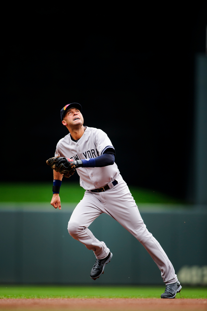  Derek Jeter #2 of the New York Yankees plays second base against the Minnesota Twins during the game on July 5, 2014 at Target Field in Minneapolis, Minnesota. The Twins defeated the Yankees 2-1 in eleven innings.   (Photo by Hannah Foslien/Getty Im