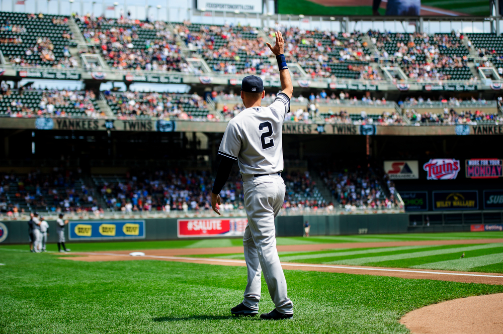  Derek Jeter #2 of the New York Yankees waves to fans before the game against the Minnesota Twins on July 5, 2014 at Target Field in Minneapolis, Minnesota.   (Photo by Hannah Foslien/Getty Images)  