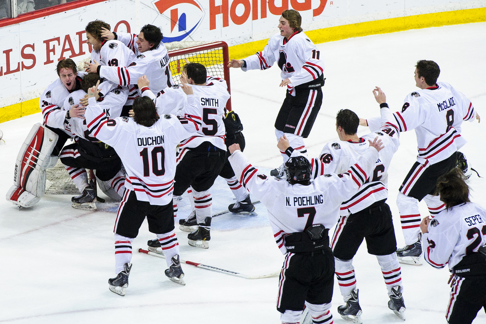  Lakeville North celebrates a win against Duluth East in the boys' Class AA state hockey tournament championship game in St. Paul, Minn., Saturday, March 7, 2015. Lakeville North won 4-1.   (AP Photo/Hannah Foslien)  