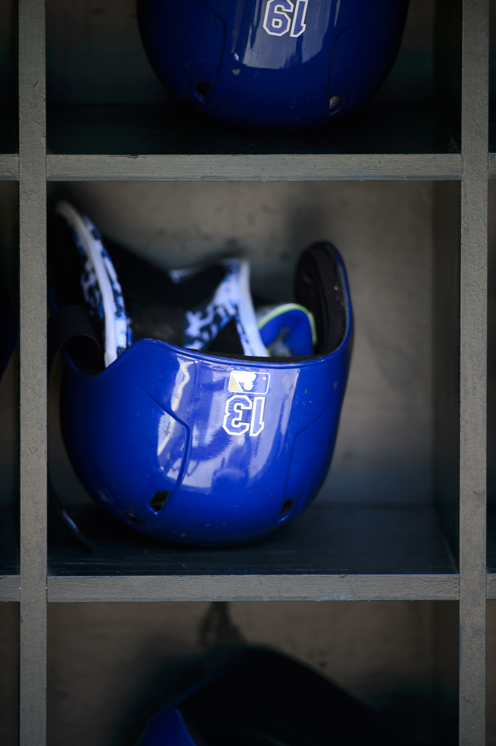  The batting helmet for Salvador Perez #13 of the Kansas City Royals are seen during batting practice before the home opening game against the Minnesota Twins on April 13, 2015 at Target Field in Minneapolis, Minnesota.   (Photo by Hannah Foslien/Get