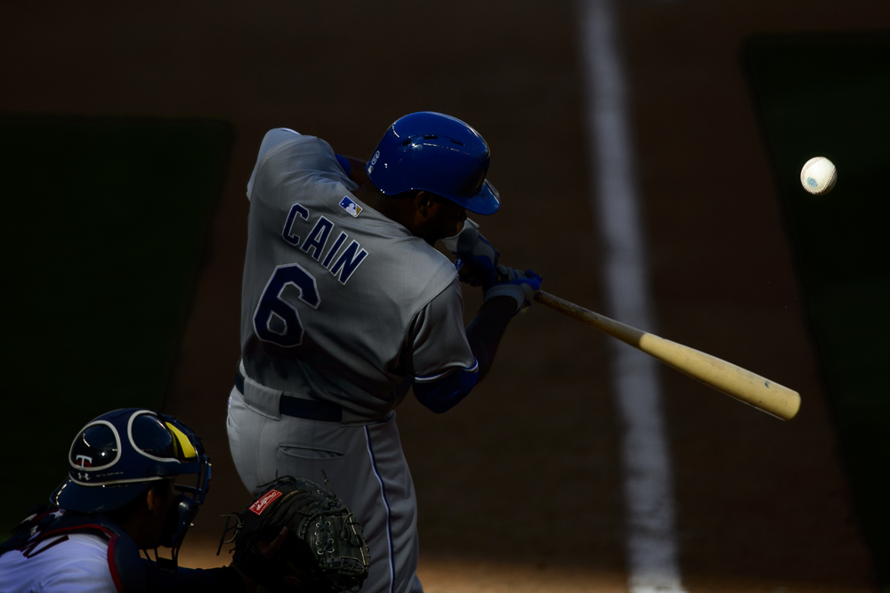  MINNEAPOLIS, MN - APRIL 13: Lorenzo Cain #6 of the Kansas City Royals bats against the Minnesota Twins during the home opening game on April 13, 2015 at Target Field in Minneapolis, Minnesota.   (Photo by Hannah Foslien/Getty Images)  