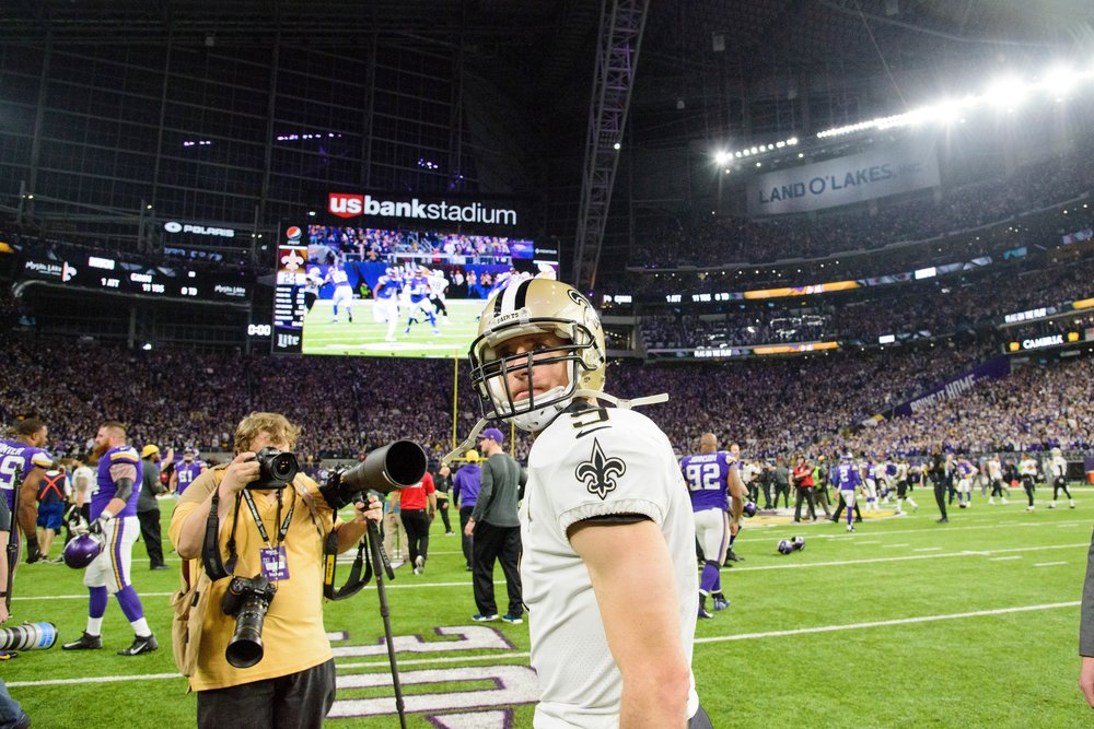 MINNEAPOLIS, MN - JANUARY 14: Drew Brees #9 of the New Orleans Saints looks on after being defeated by the Minnesota Vikings 29-24 in the NFC Divisional Playoff game on January 14, 2018 at U.S. Bank Stadium in Minneapolis, Minnesota.  (Photo by Hann