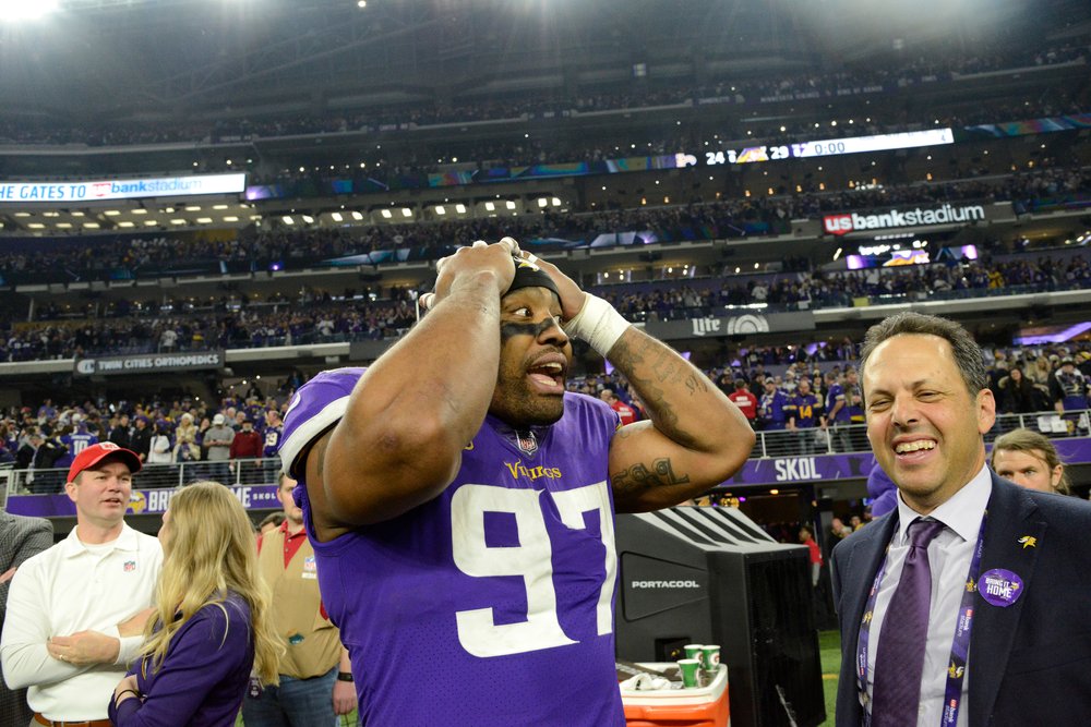  Everson Griffen #97 of the Minnesota Vikings reacts after defeating the New Orleans Saints on a last second touchdown in the NFC Divisional Playoff game on January 14, 2018 at U.S. Bank Stadium in Minneapolis, Minnesota. The Vikings defeated the Sai