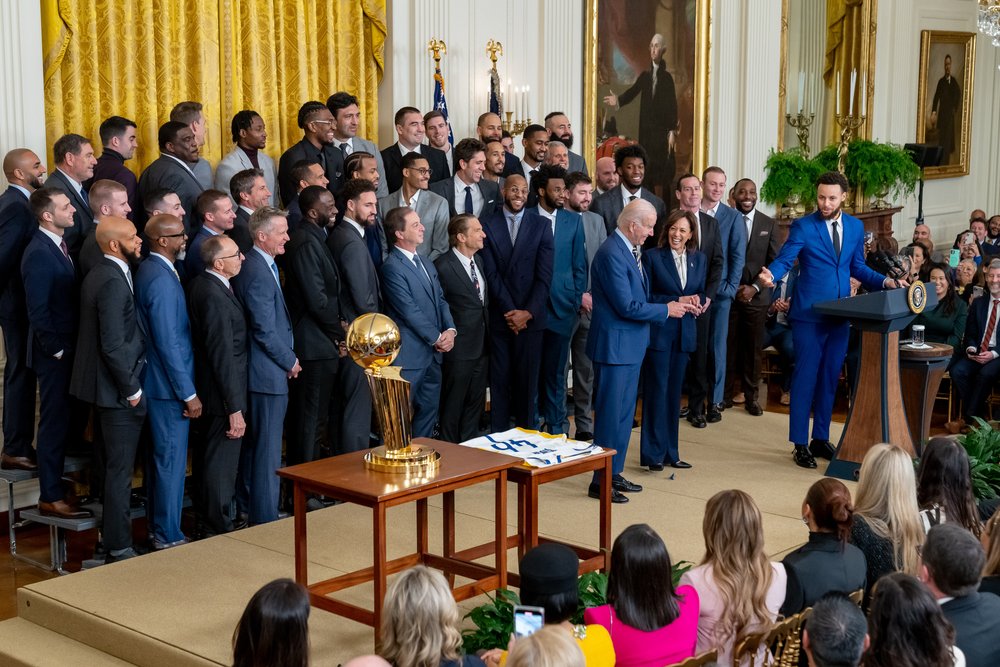  Golden State Warriors guard Steph Curry delivers remarks and presents team jerseys to President Joe Biden and Vice President Kamala Harris at an event celebrating the Warriors’ 2022 NBA championship, Tuesday, January 17, 2023, in the East Room of th