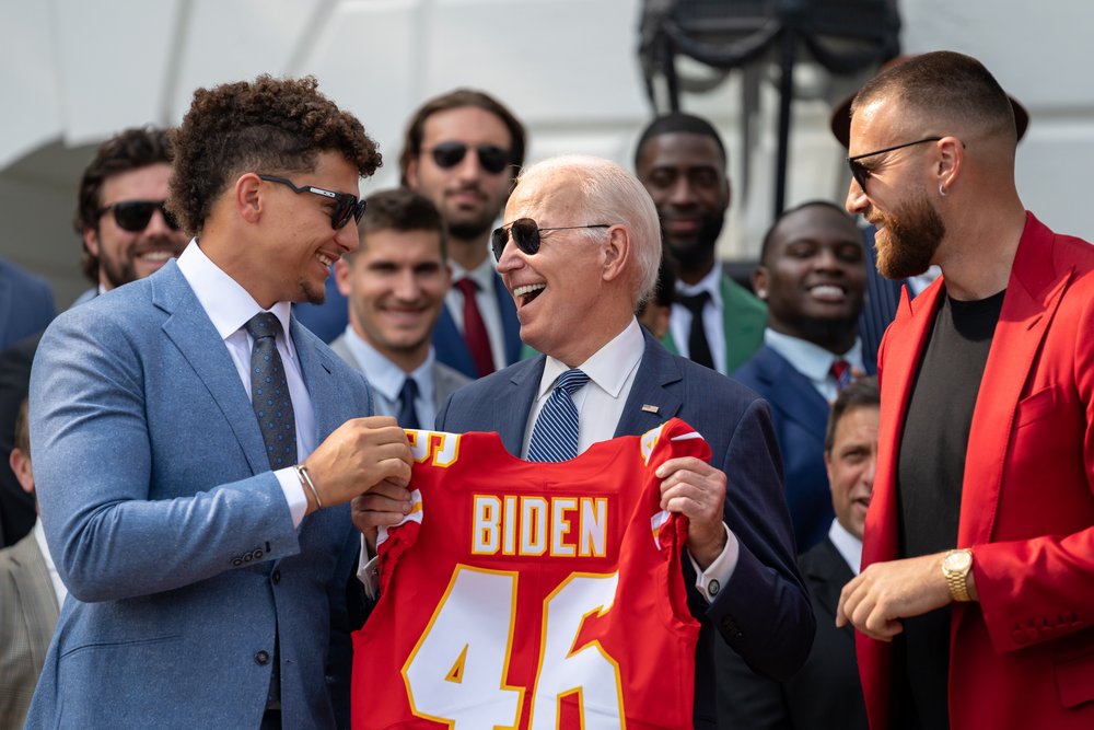  Kansas City Chiefs quarterback Patrick Mahomes and tight end Travis Kelce present President Joe Biden with a commemorative jersey during an event celebrating the team’s Superbowl LVII championship, Monday, June 5, 2023, on the South Lawn of the Whit