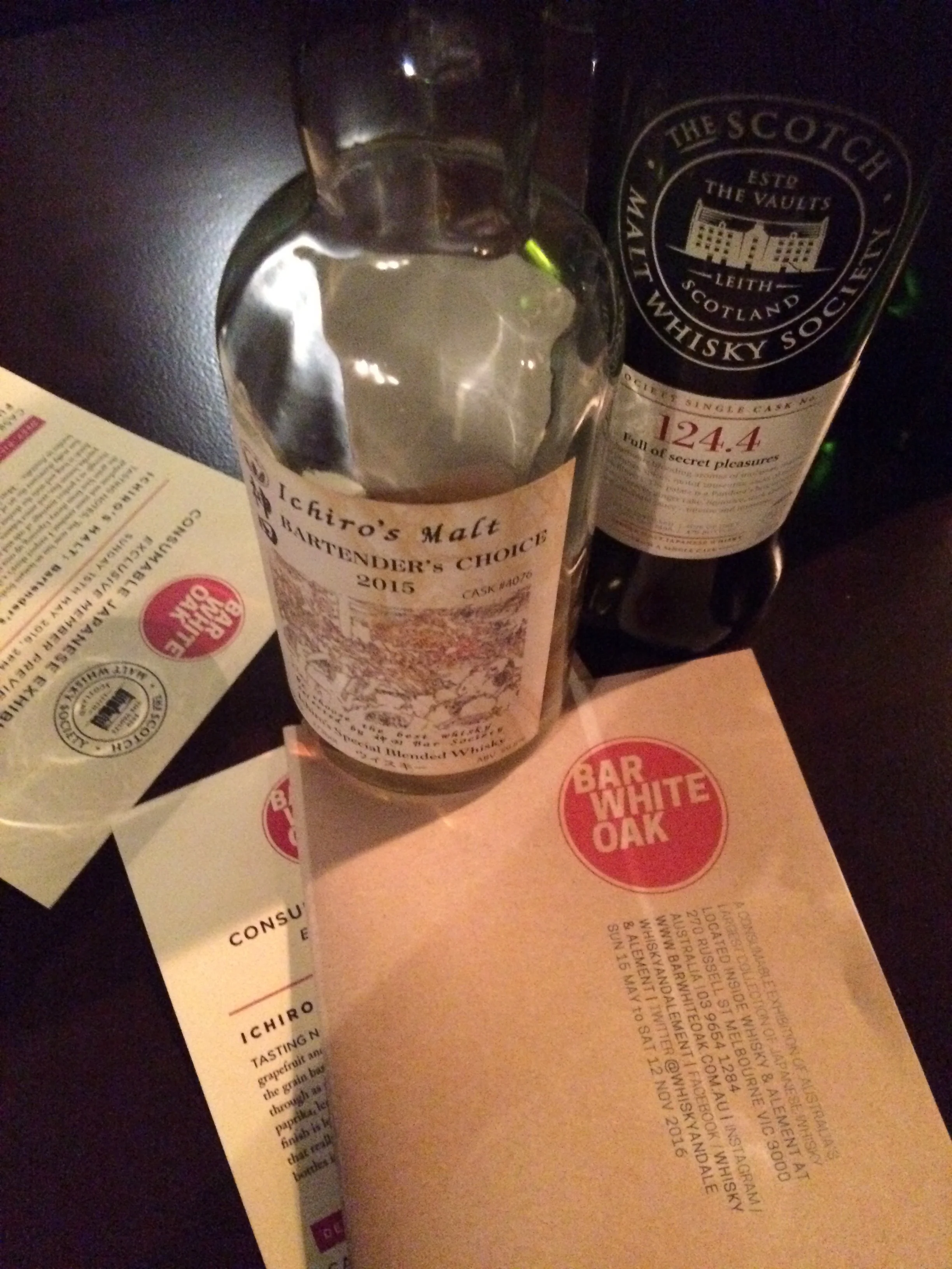 The welcome drams at the preview; a rare sighting of the Ichiro's Malt Bartenders Choice 2015 (not available on the shelves because we've drunk it all) and the society Miyagikyo 124.4 (available to pour in all of its intense rum n' raisin sherried goodness with a faint hint of sulphur on the back note for those who like that sort of profile).&nbsp;