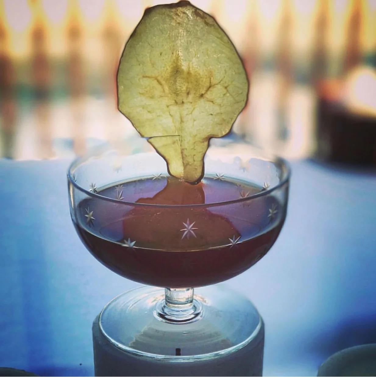 One of Carissa's many cocktail creations - this one a bitter and touch of sweet concoction utilising rye whiskey, Byrhh, Antica Formula, Bilaro Amaro, pear liqueur, lemon juice and chuncho bitters garnished with a dehydrated pear.