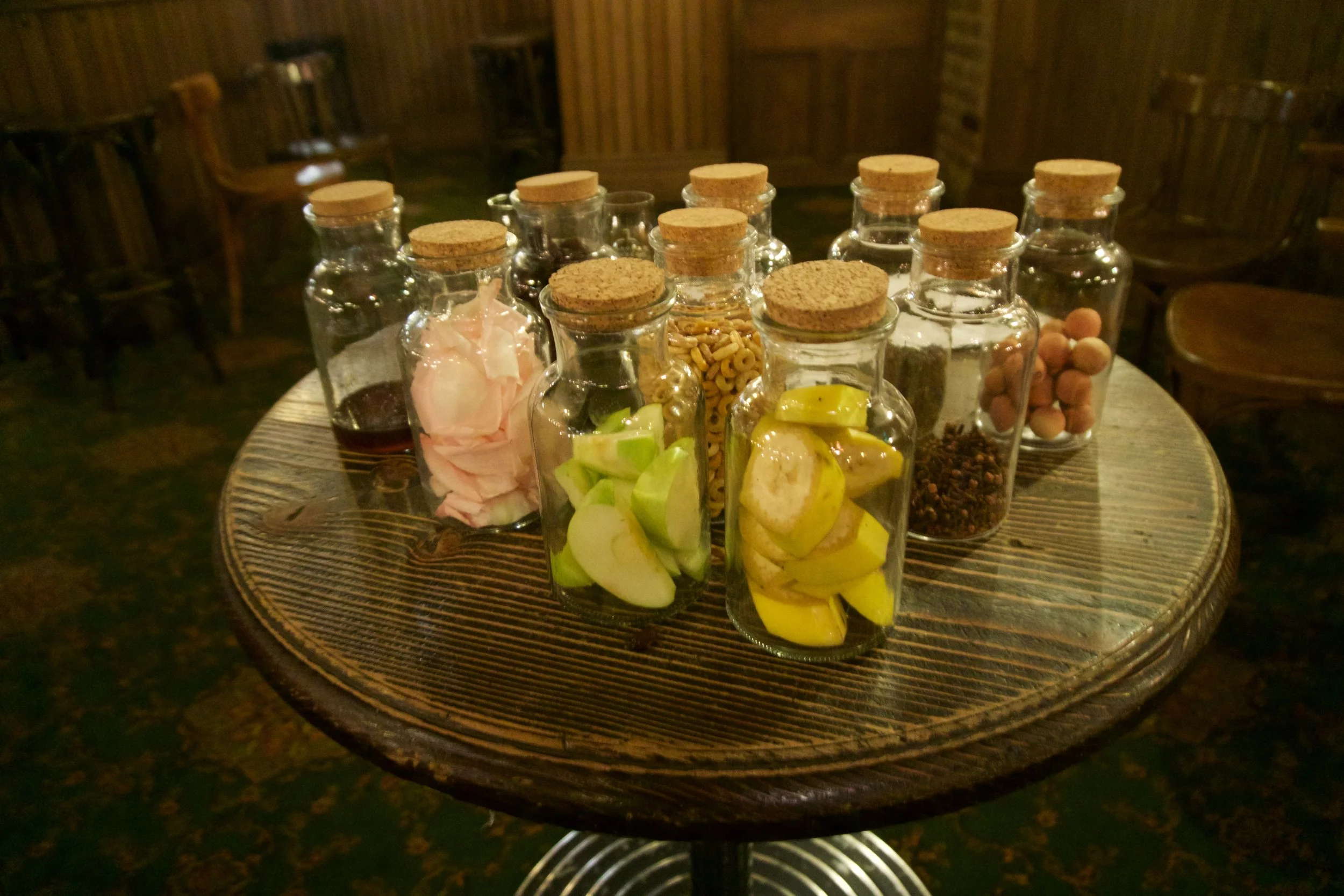 A sample of the materials used by the sensory panel to help identify different flavours in the whiskey - rose petals, cloves...even cedarwood balls.