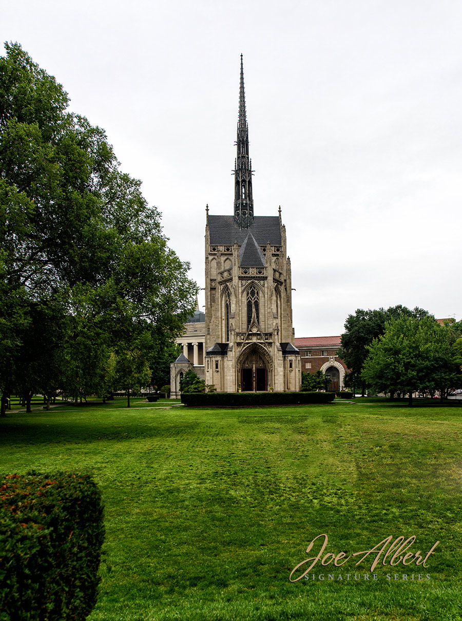 Directly across from the chapel is the Cathedral of learning