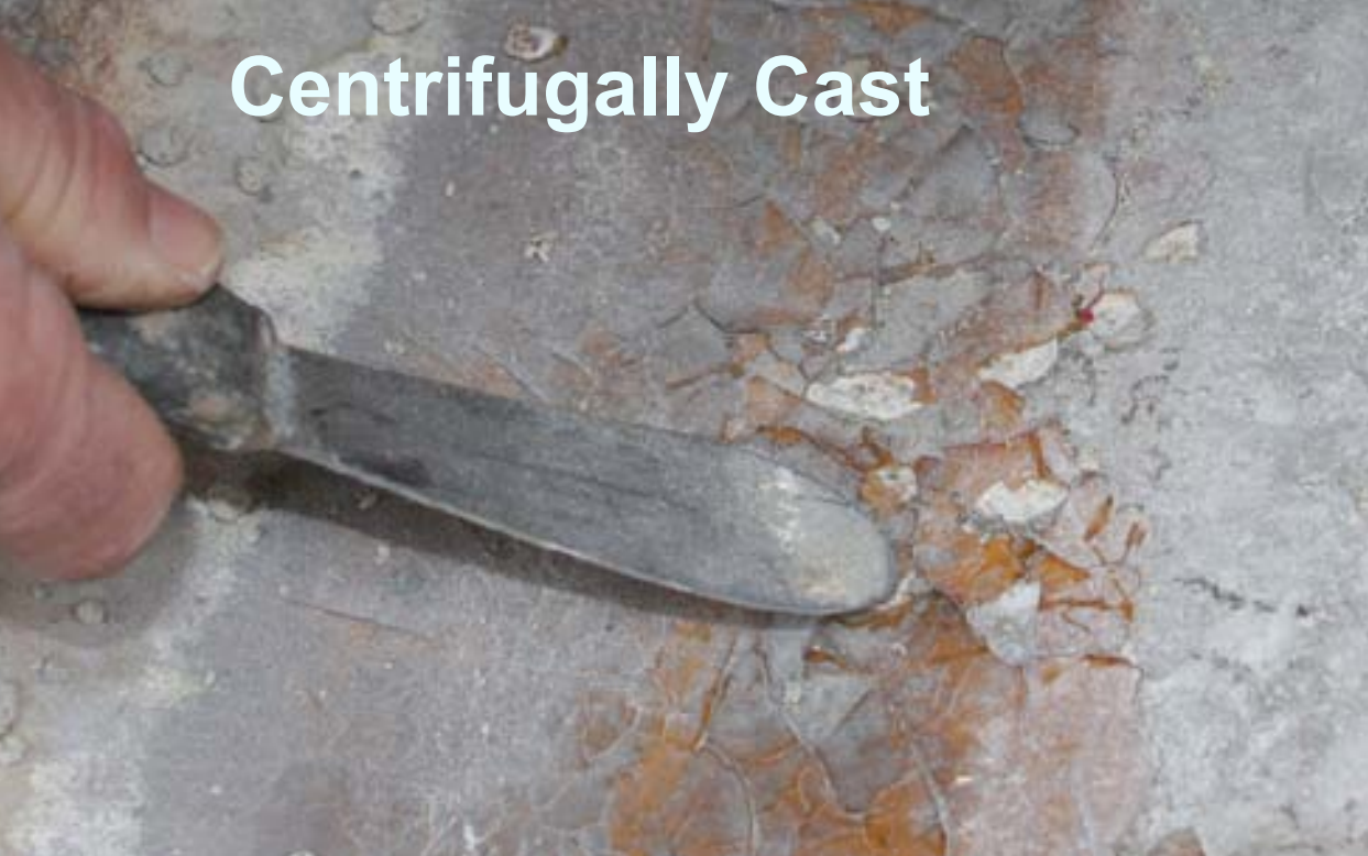 After less than 5 years in similar service: By comparison, pipe made by the centifugally cast method uses sand filled resin to create thickness and stiffness, and has an unreinforced resin rich inner surface. Thermal shock resulted in the resin on the interior surface cracking and flaking, exposing the underlying structural sand filled laminate, consequently the pipe failed.