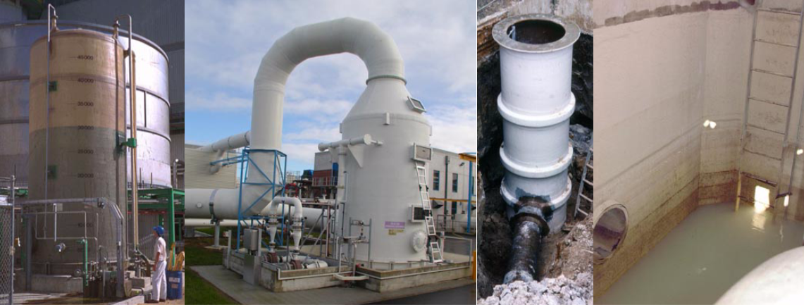 Used for corrosive chemical storage, corrosive gases and liquids in a scrubber, and for combinations of corrosive chemicals in manholes and neutralisations sumps in an effluent stream. All the above installations are by ARMATAEC