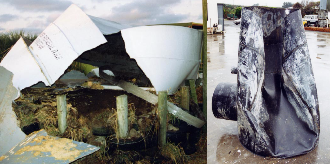 LEFT: Fibreglass tank failure can be sudden and dramatic. Failure initiated from stress point 3 years after installation. Tank by another manufacturer. RIGHT: Polyethylene manhole failed under buried load at temperature.