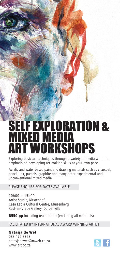 Exploring basic art techniques through a variety of media with the emphasis on developing art-making skills at your own pace. Acrylic and water based paint and drawing materials such as charcoal, pencil, ink, pastels, graphite and many other experimental and unconventional mixed media. Please enquire for dates available: 10h00 - 15h00 Artist Studio, Kirstenhof, Cape Town Price on request. Facilitated by international award winning artist Natasja de Wet - get in touch via the contact form .