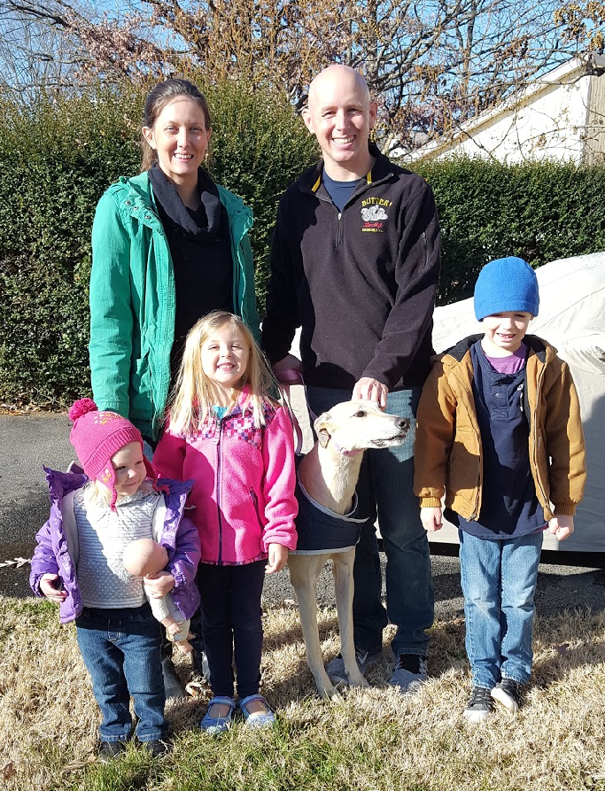 John, Tara, and family adopted Flying Portia, now called Portia. This family is definitely familiar with the greyhound breed and have owned and fostered wonderful hounds in AZ. They are delighted to have a greyhound again and may even be able to foster for BRGA!