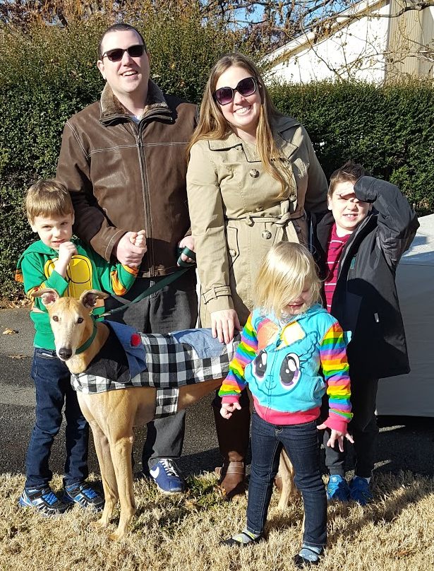 Evan and his family adopted Starz William, now called Wiley. Wiley will be a fun new member of the family with the children, the cat, and a small dog!