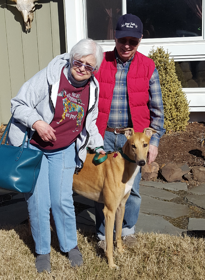 Oscar is one lucky boy! Oscar was one of BRGA's injured dogs that with your donations helped Oscar heal from a severe Achilles' tendon injury. After months of rehab in FL he was safe to travel and when James and Celita saw him they knew he was the one for their family! Oscar will enjoy his retirement with an 8yr. old female Greyhound and her side-kick, a mixed breed dog, Eddie. Congratulations to James, Celita, and Oscar!