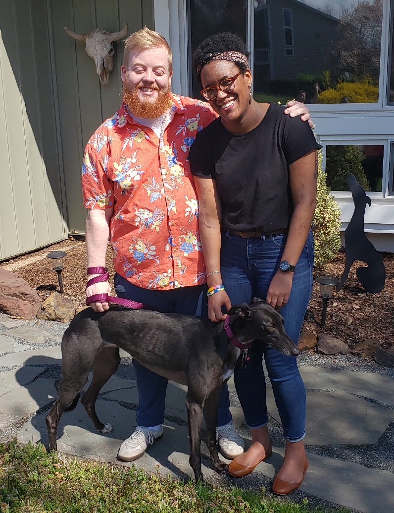 CONGRATULATIONS to David and Kelsey for their new Greyhound Wednesday! Wednesday is a sweet petite black female who is very curious. When she met her family it was love at first sight. Wednesday loves leaning on you for lots of pets and is enjoying walks all around the area! David and Kelsey were so excited to show her their Charlottesville home! Please welcome David, Kelsey, and Wednesday to the BRGA Pack!