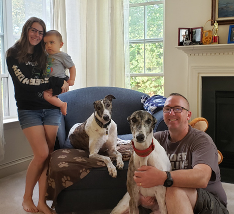 Congratulations to Patrick and Becky (not present) for Adopting Willy from Philly, now just Willy, also known as "mini-me" as the other look-alike Greyhound, Sebastian! Willy is an adorable Greyhound who just loves being in the active family with the daughter Jordan and grandson, Andy. Willy enjoys sunning himself in the yard and snuggling with the family on the couch. He's adjusting to many new things and is doing amazingly well! We are thrilled to have Patrick, Becky, Jordan, Andy with Willy and Sebastian back in the BRGA pack!