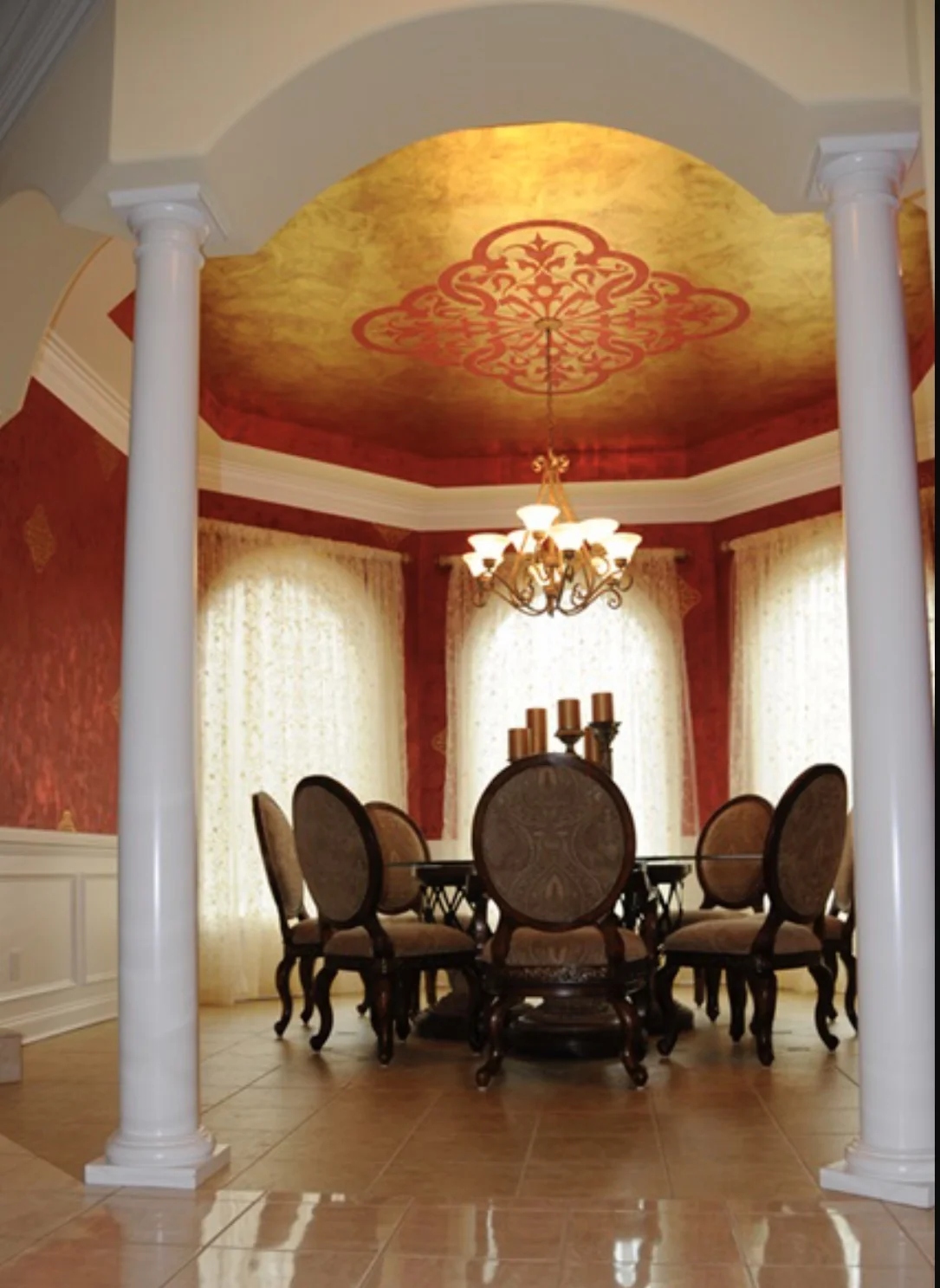 Gold Foil Ceiling with Medallion & Red Metallic Plaster Walls