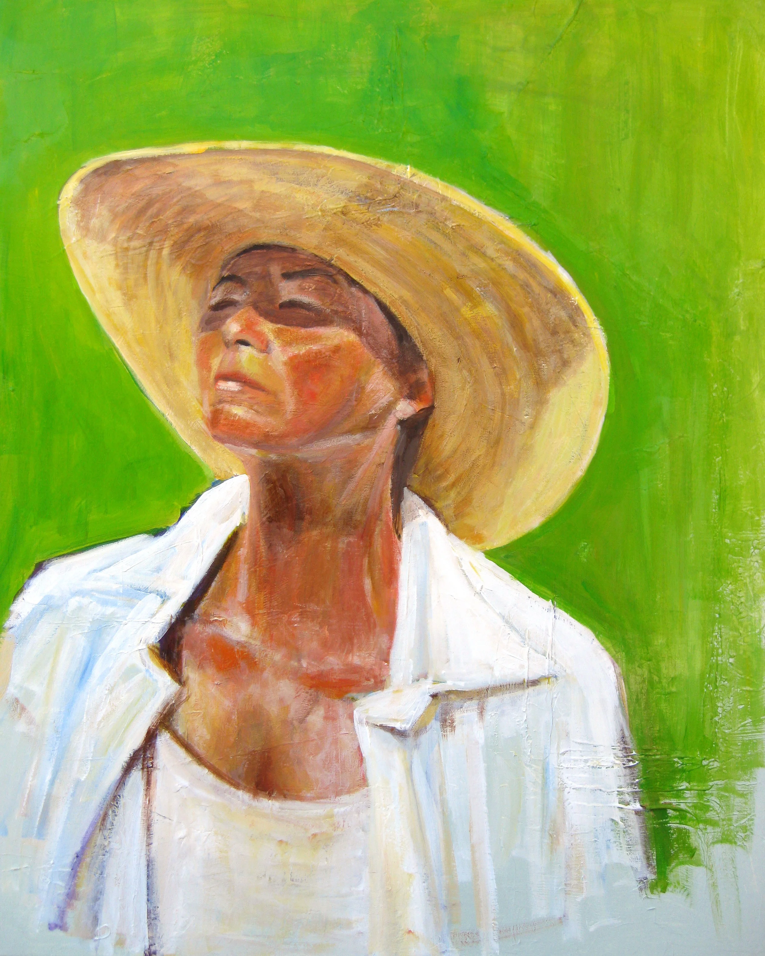 white shirt straw hat