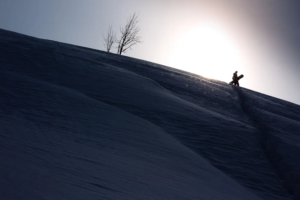 Snowboarding, Trekking the Mountain, Powder, Silhouette, Sun