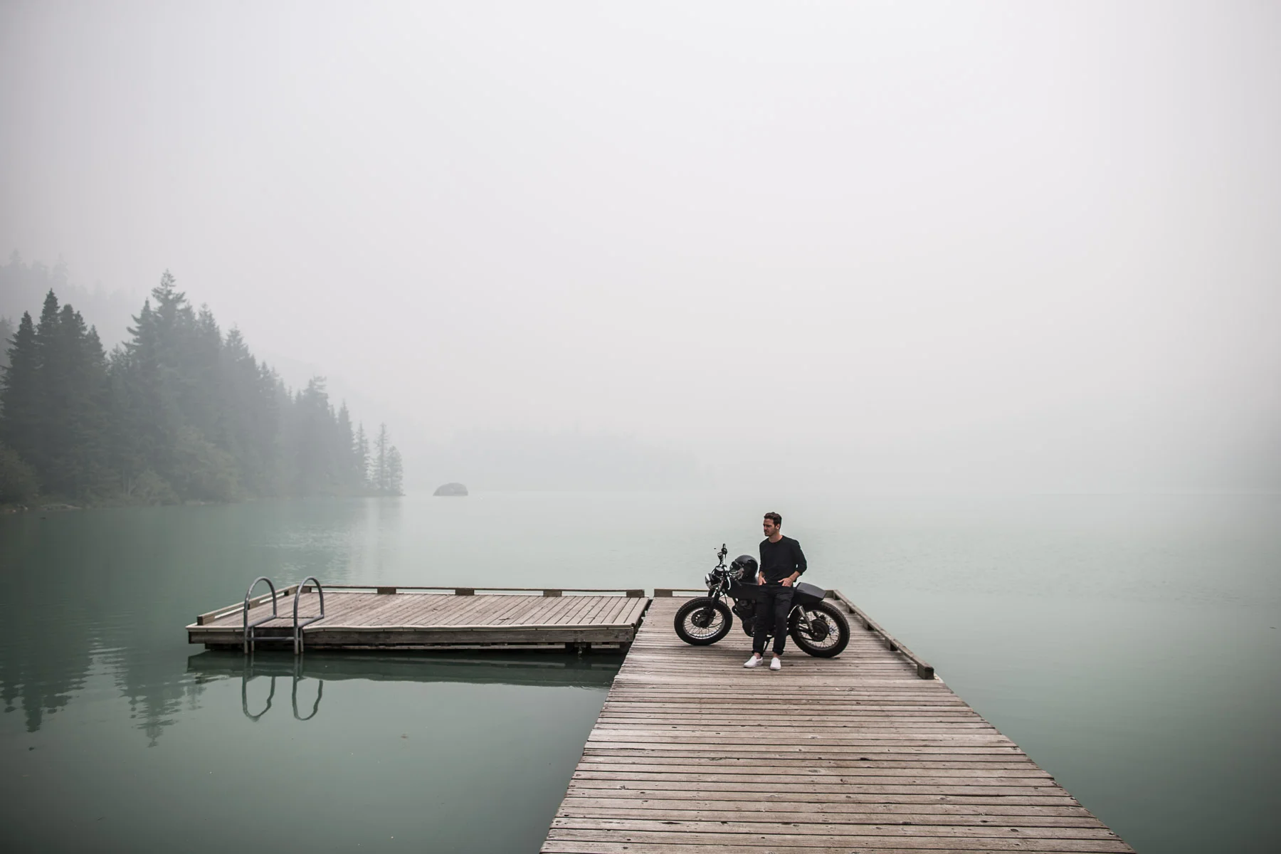 Foggy, Lake, Motorcycle, Parked on the Dock
