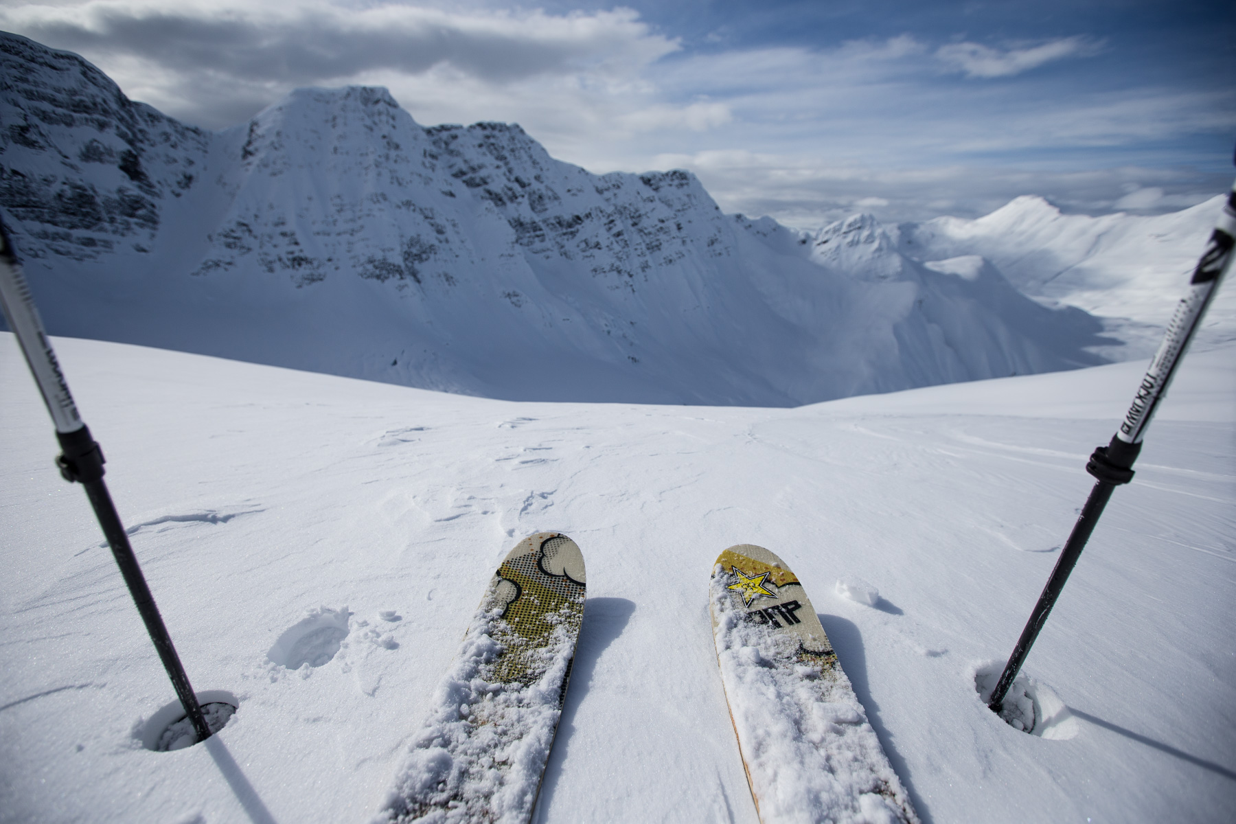 Ashley Barker Photography British Columbia Snow Point of View Skis Powder Skyline Mountain Clouds Poles