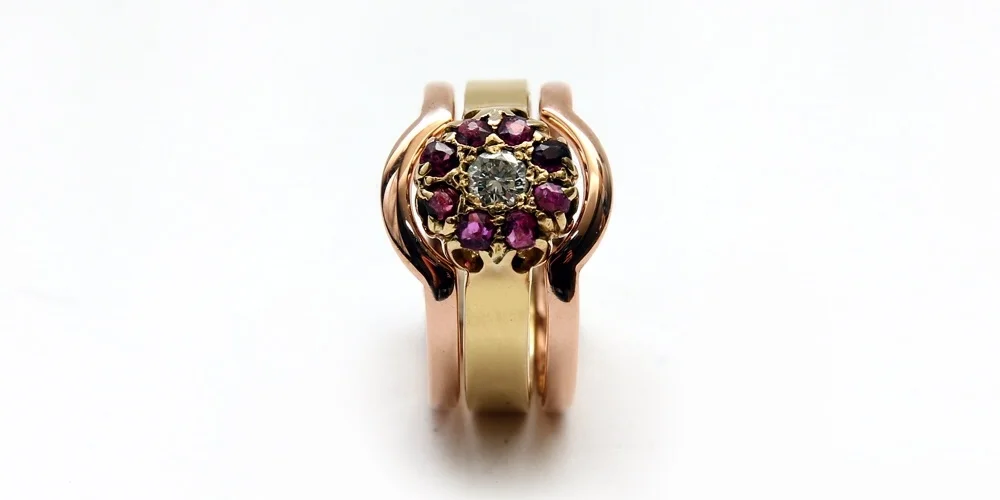 The finished piece, recycled, re-used and re-freshed gold Ruby and diamond rings. 