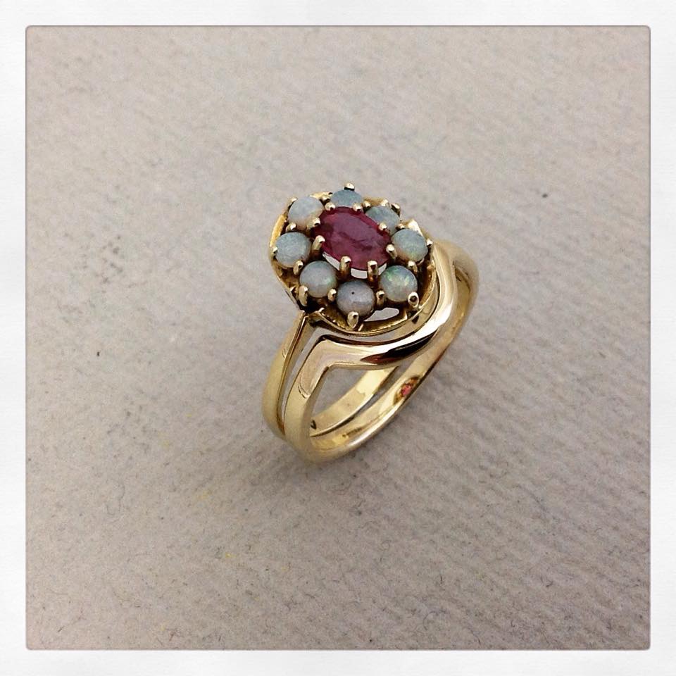 Bespoke contoured wedding band to fit vintage Ruby and Opal engagement ring