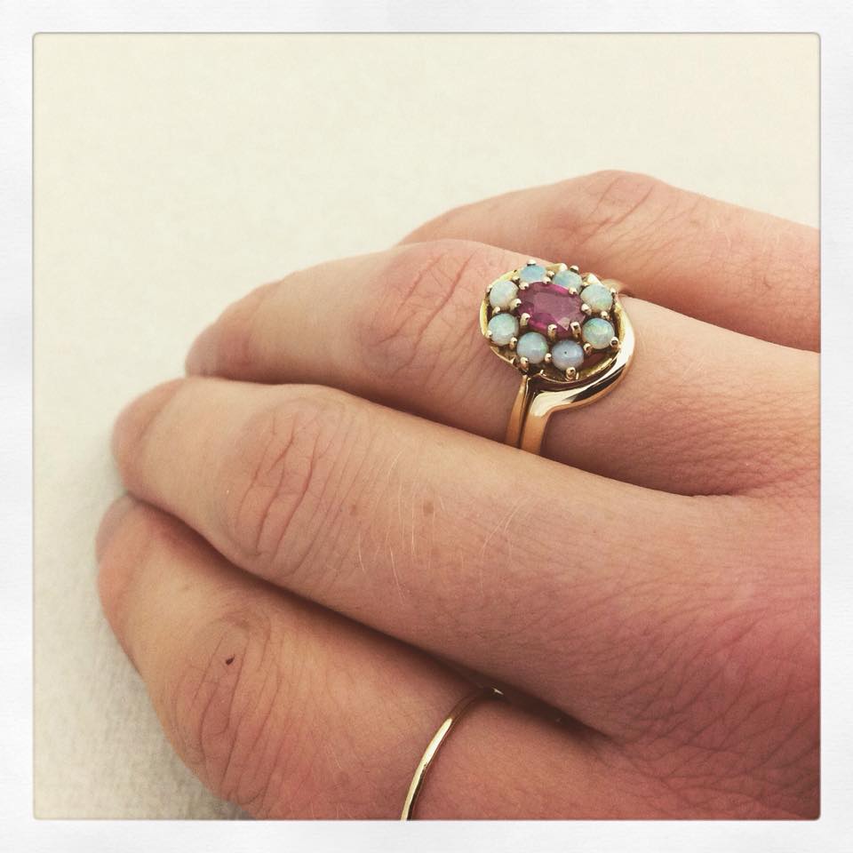 Bespoke contoured wedding band to fit vintage Ruby and Opal engagement ring