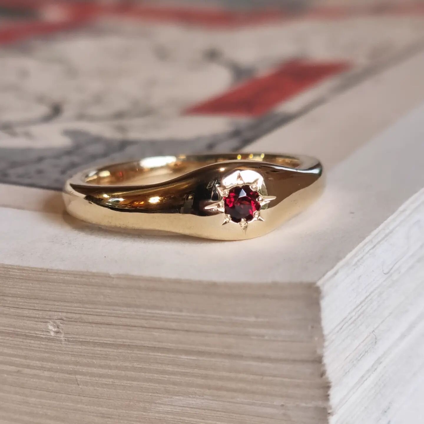 I really enjoyed making this star set pinky ring last year for my brother in law using heirloom gold. The ring was inspired by the gold and garnet signet ring that his father used to wear. This garnet is new as the old one was so warn, but set in a s