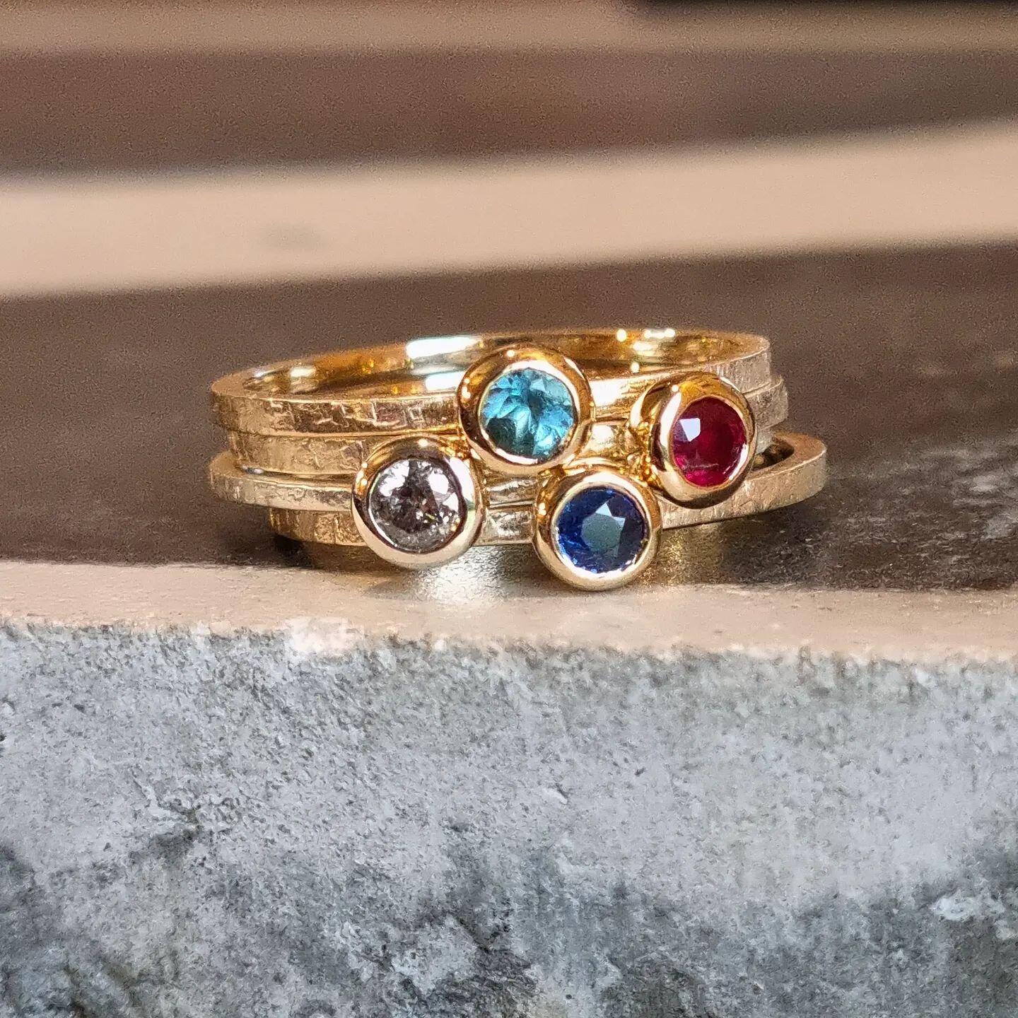 Nice wee pile of 3mm birthstone gold stacking rings heading out today to 3 different customers. Blue topaz  Ruby, diamond and sapphire. 
.
#etsyseller #birthstonerings #goldrings #handmade #madeinscotland #recycledgold #stackingring