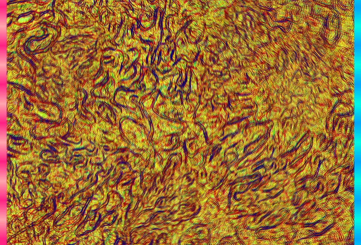   “Cytocine 5/6/26”, pigmented inks &amp; acrylic on canvas, 38 × 56 inches   