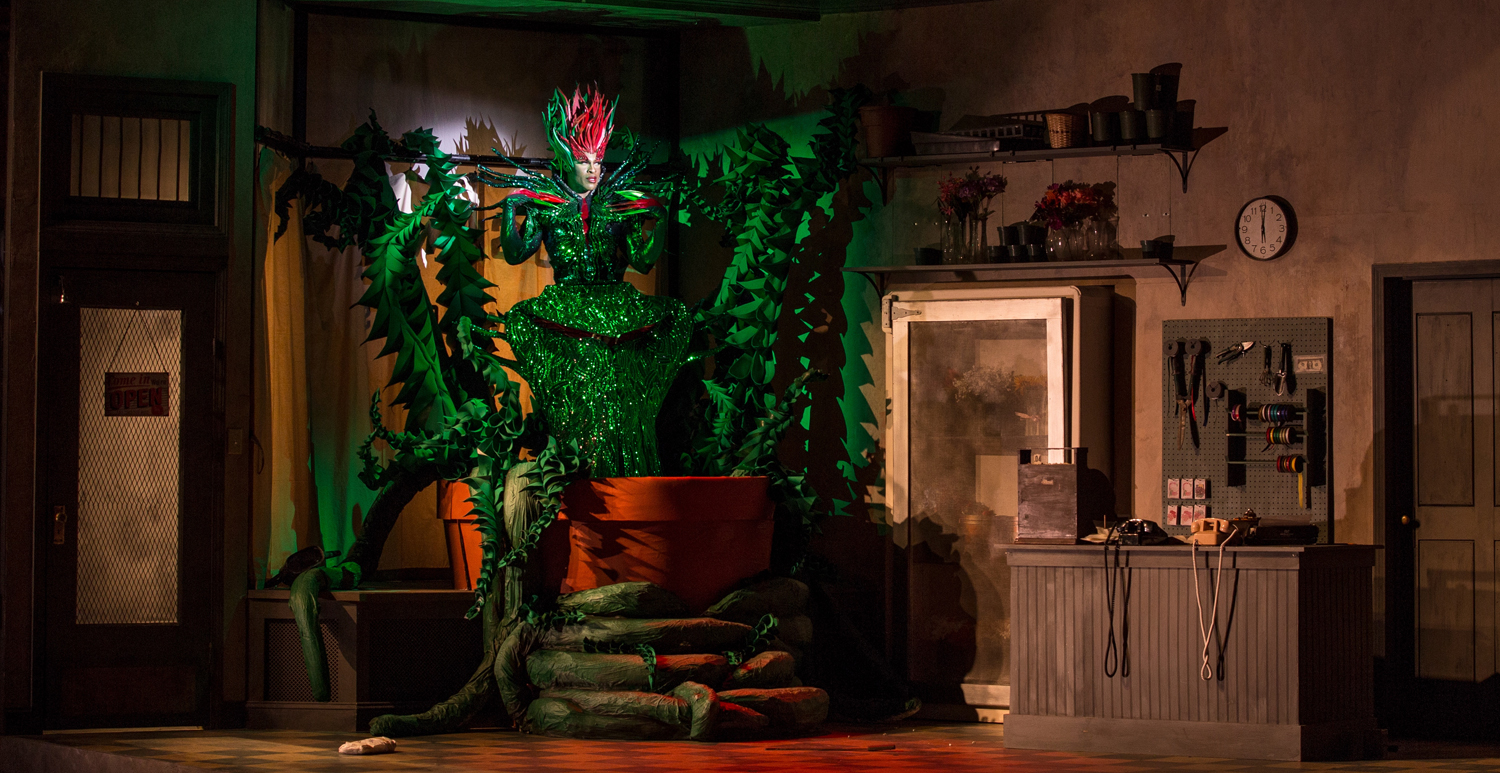 The shop with Audrey II in Act 2