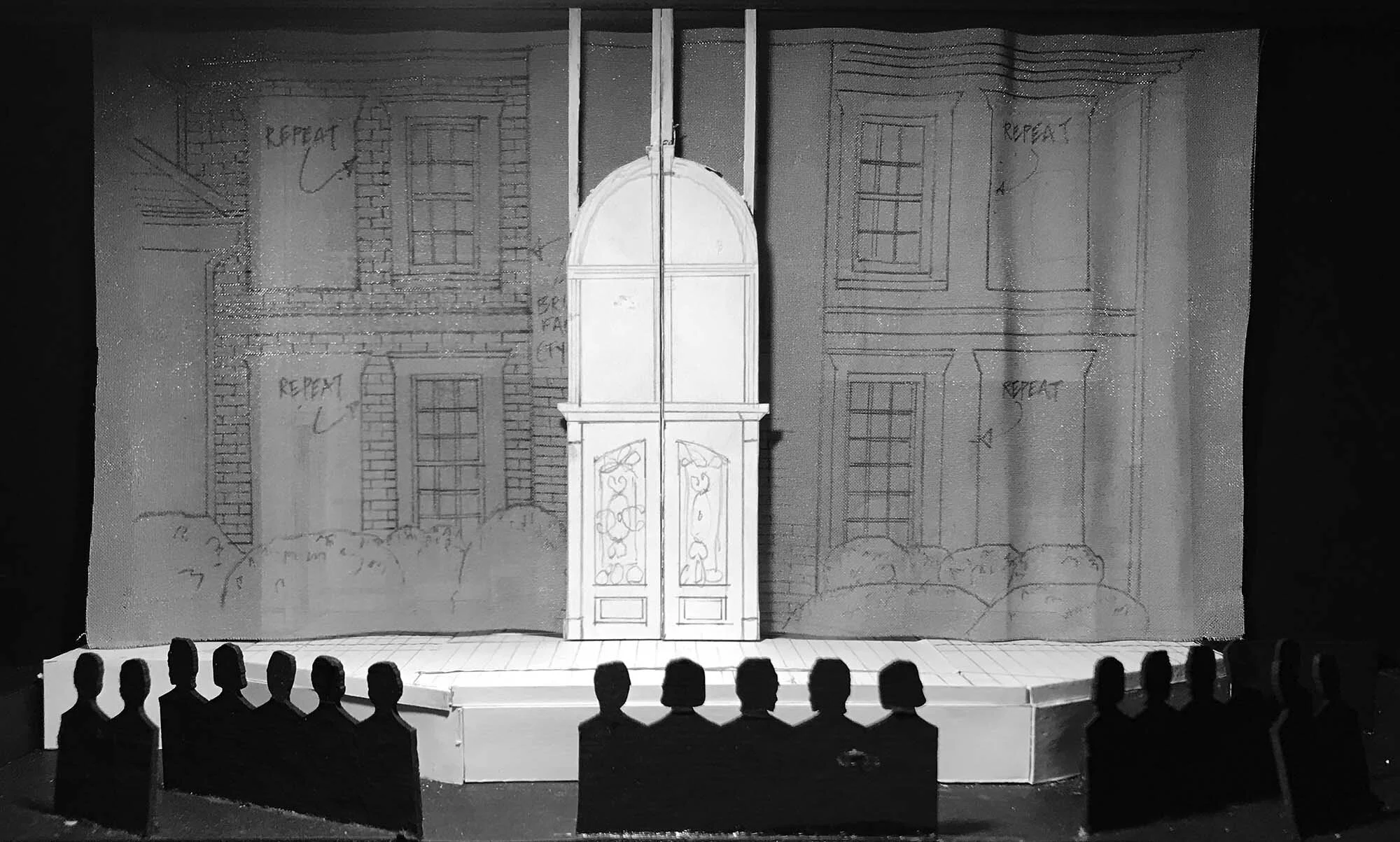 1/4" scale white model; Top of show with blueprint sheer and tracking door