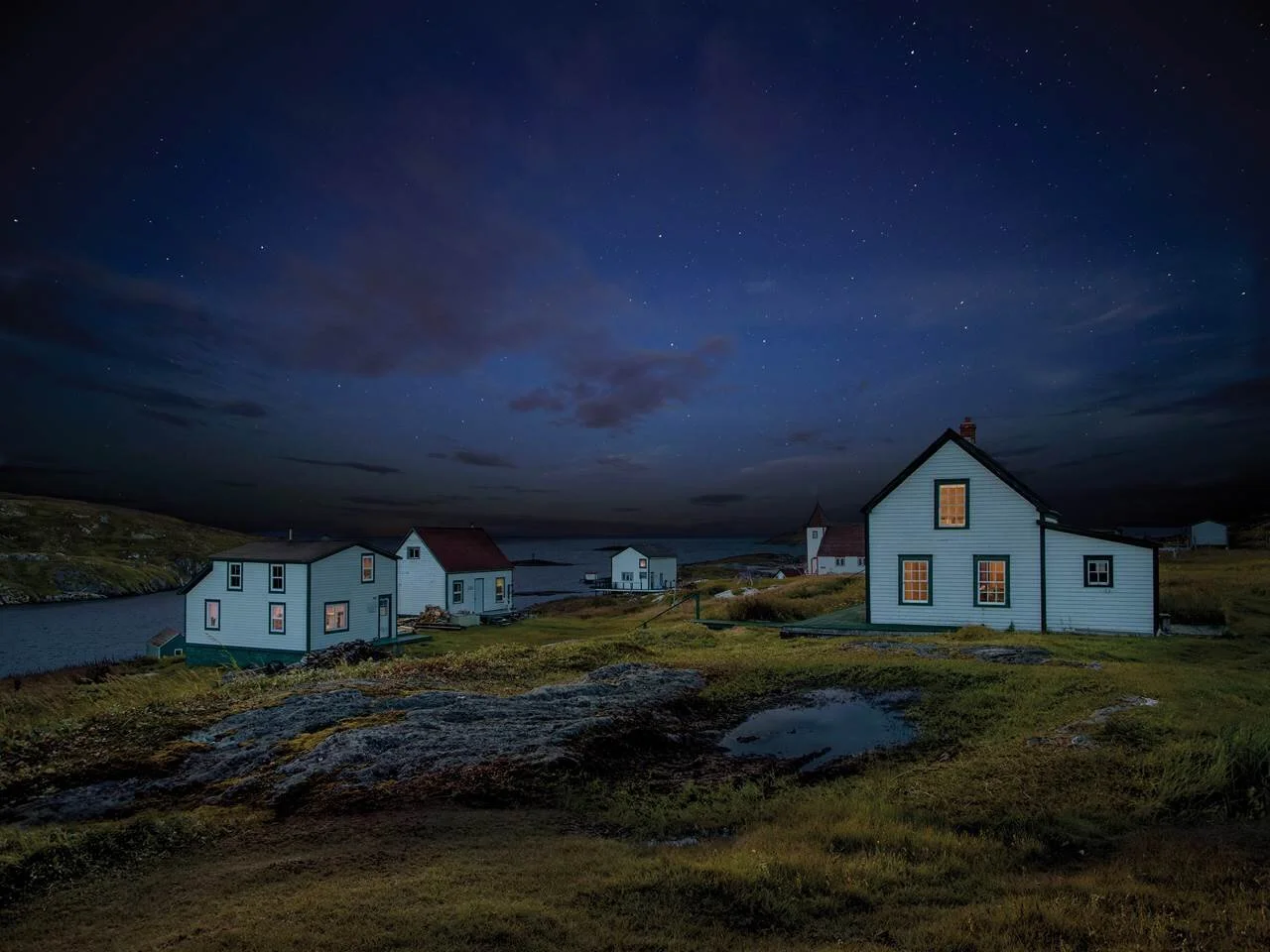Newfoundland village at night