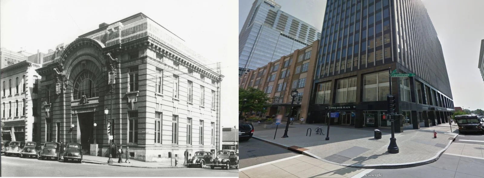 Then and now - Fayetteville Street and Davie Street, Raleigh, NC