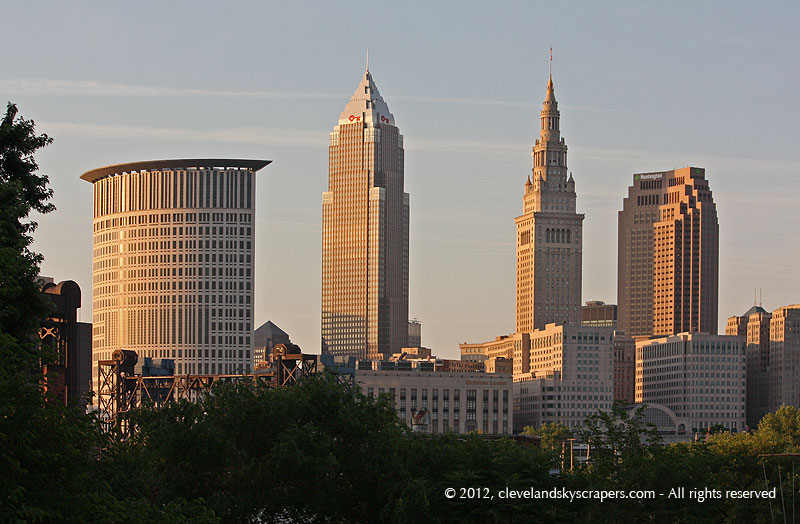 Skyline view from Cuyahoga River near Columbus Road Bridge, June 2012