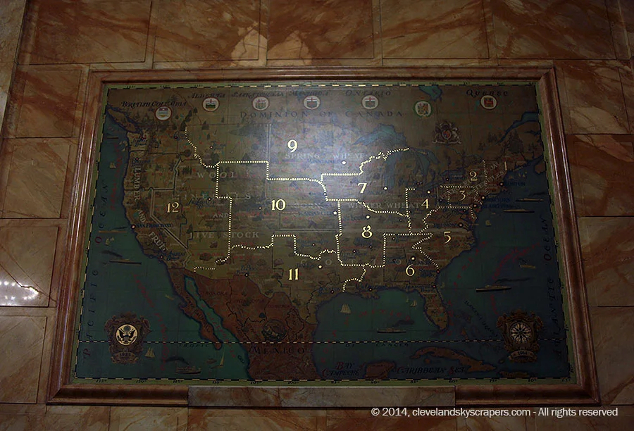 Detail view of interior, map showing 12 Federal Reserve Bank districts - September 2014
