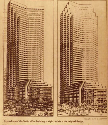 Rendering showing original and revised designs.