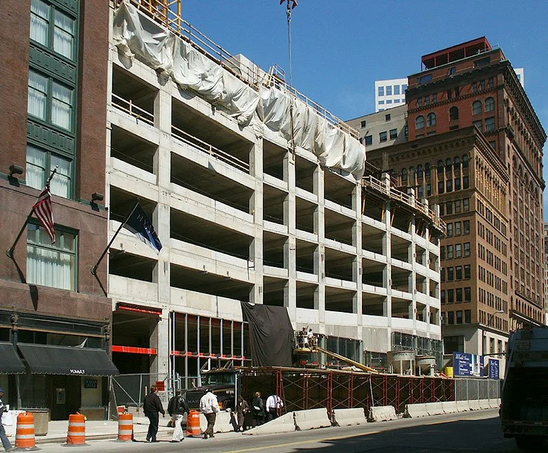 Parking garage base (construction view) from Euclid Avenue, March 2005