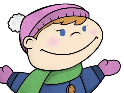 This is the fully colored main character. I really like texture applied to flat vector art. You can see that showing up everywhere in the hat, scarf, coat, and mitte ns.