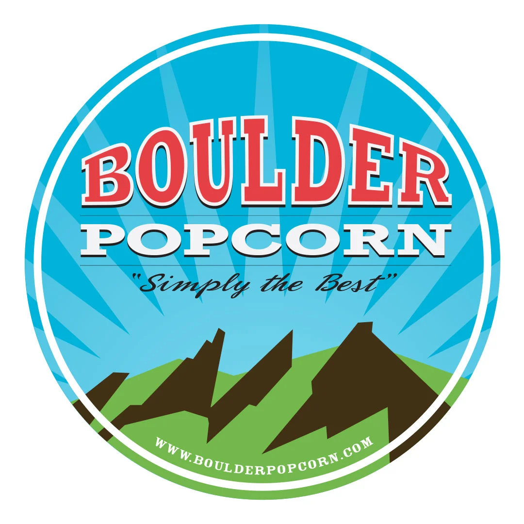 The Boulder Popcorn logo features Boulder's signature Flatirons.