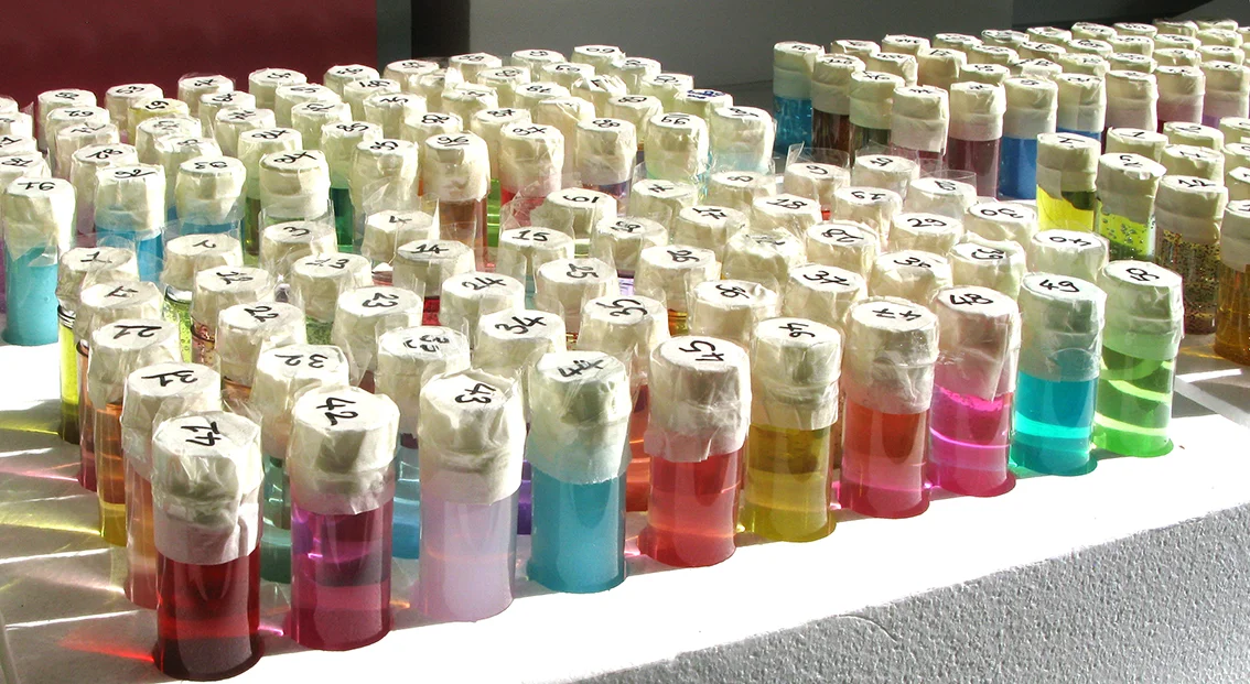 Samples of daily use products in PET preform tubes, which are the pre forms of those plastic containers. 